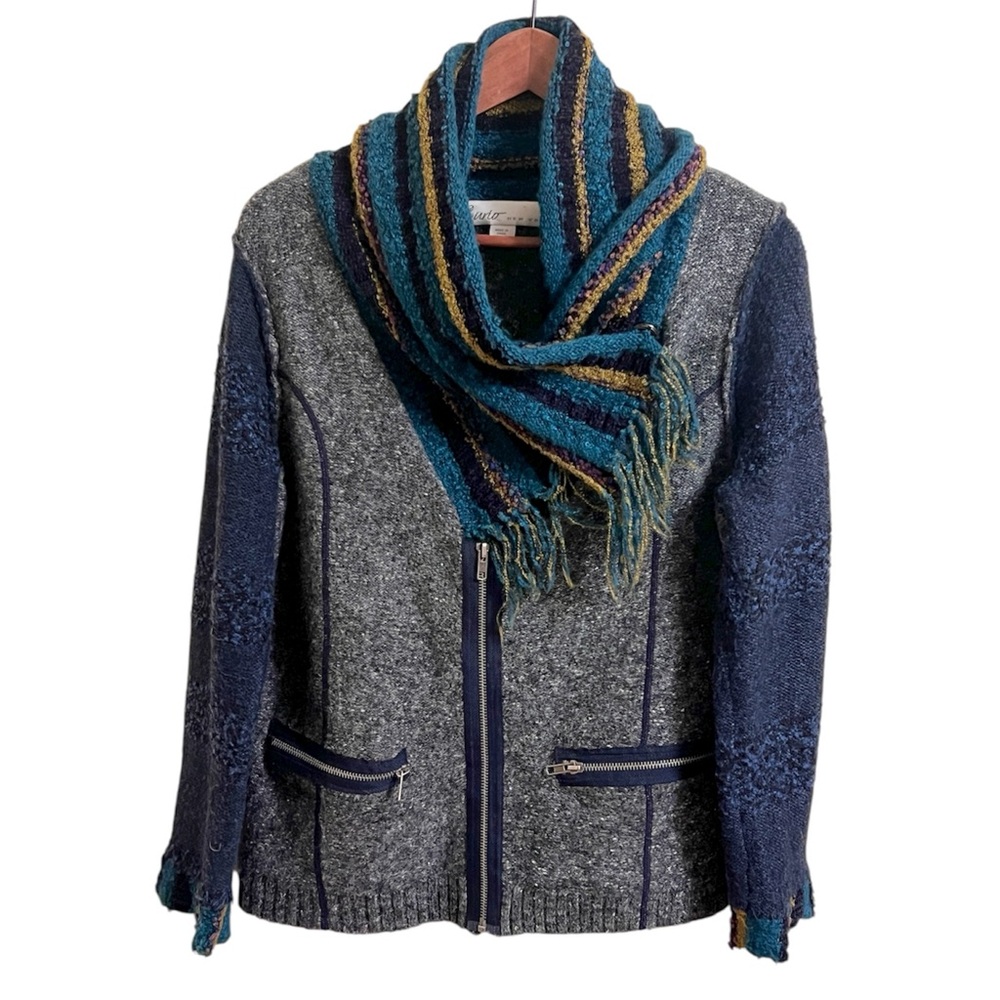 Curio New York Gray Navy Cardigan Striped Scarf accent Fringe Boho Cowl Large